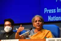 Union Minister for Finance and Corporate Affairs, Nirmala Sitharaman addressing a Post Budget 2021 Press Conference, in New Delhi, India on 1st February 2021. The Minister of State for Finance and Corporate Affairs, Shri Anurag Singh Thakur in the picture Union Minister for Finance and Corporate Affairs, Nirmala Sitharaman addressing a Post Budget 2021 Press Conference, in New Delhi, India on 1st February 2021. The Minister of State for Finance and Corporate Affairs, Shri Anurag Singh Thakur in the picture